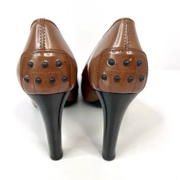 Tod's Size 5 (EU 35.5) Brown Leather 3.5 Heels With Black Studs Back of Heels - Picture 2 of 16